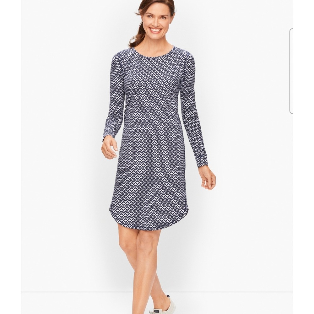 T by Talbots Women's‎ Navy Blue White Print Long Sleeve Casual Dress Size S